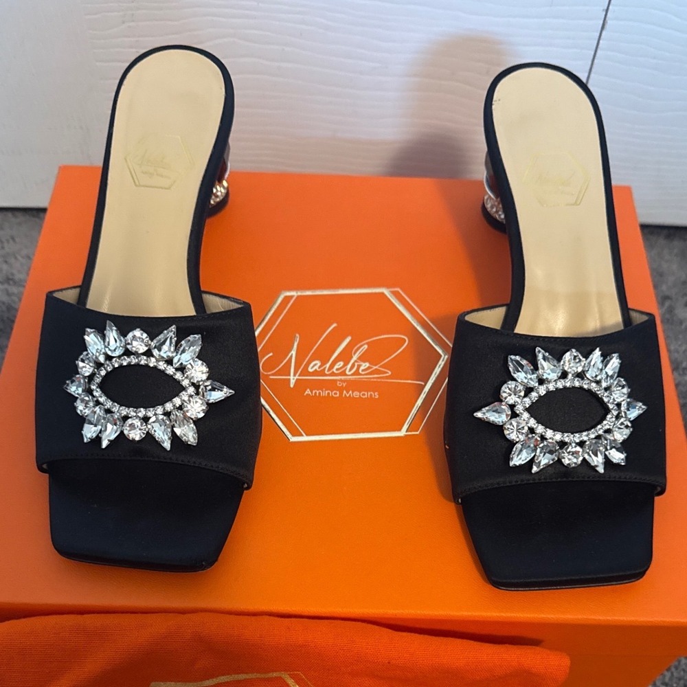 Nalebe Aurum 50mm Black Satin Crystal Embellished Mule Sandals Size 36